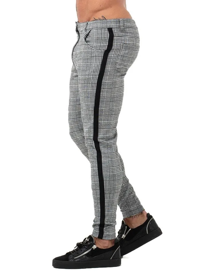 7353 Plaid Pattern Side Stripe Skinny Chinos