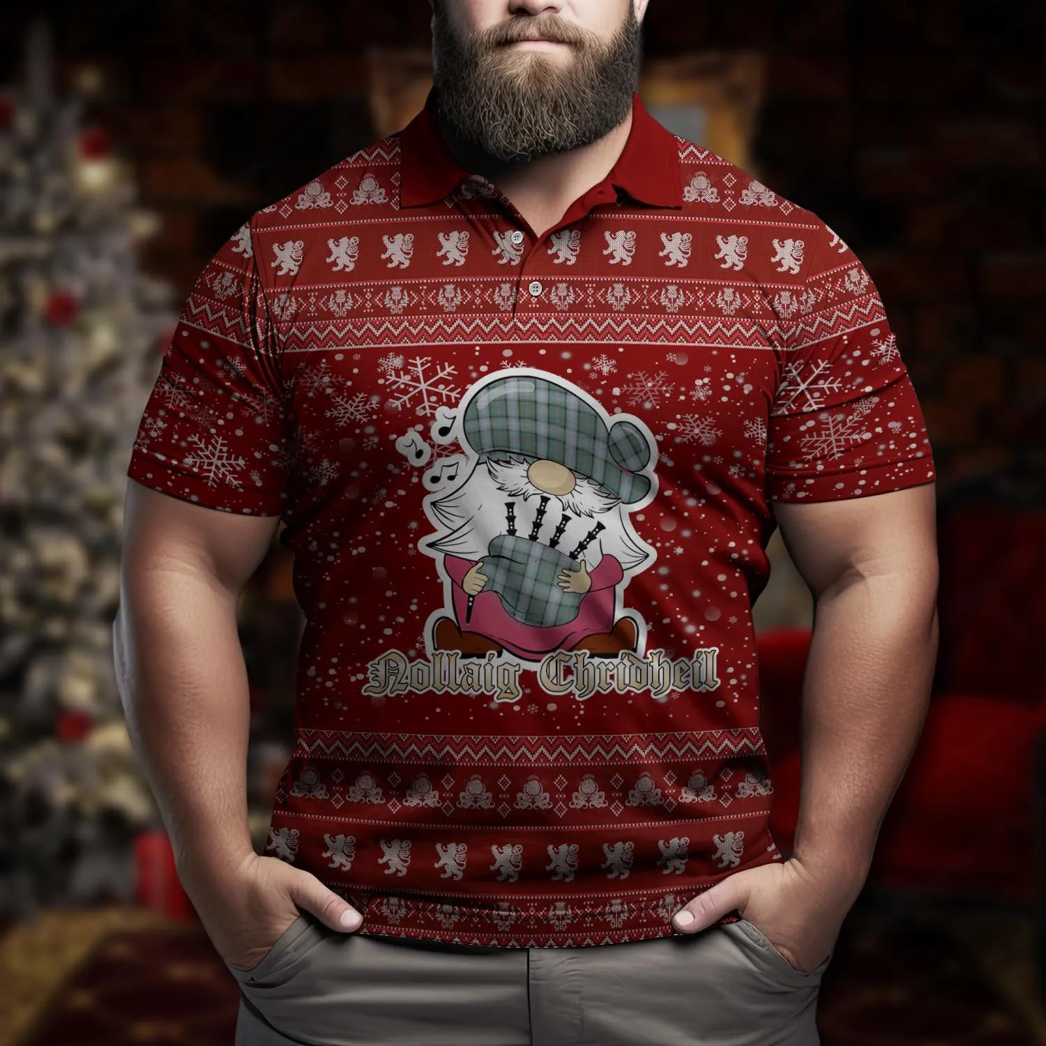 Alexander of Menstry Hunting Clan Christmas Family Polo Shirt with Funny Gnome Playing Bagpipes