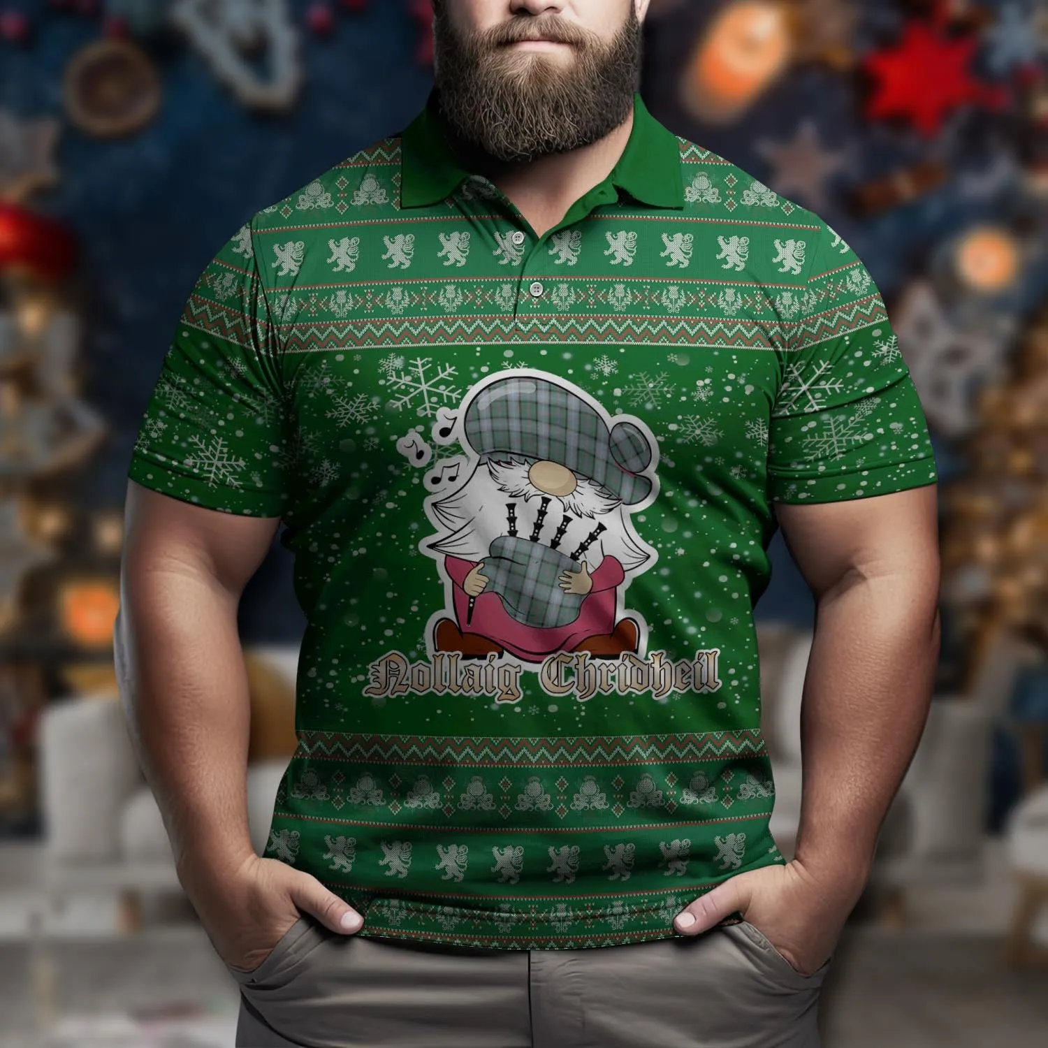 Alexander of Menstry Hunting Clan Christmas Family Polo Shirt with Funny Gnome Playing Bagpipes