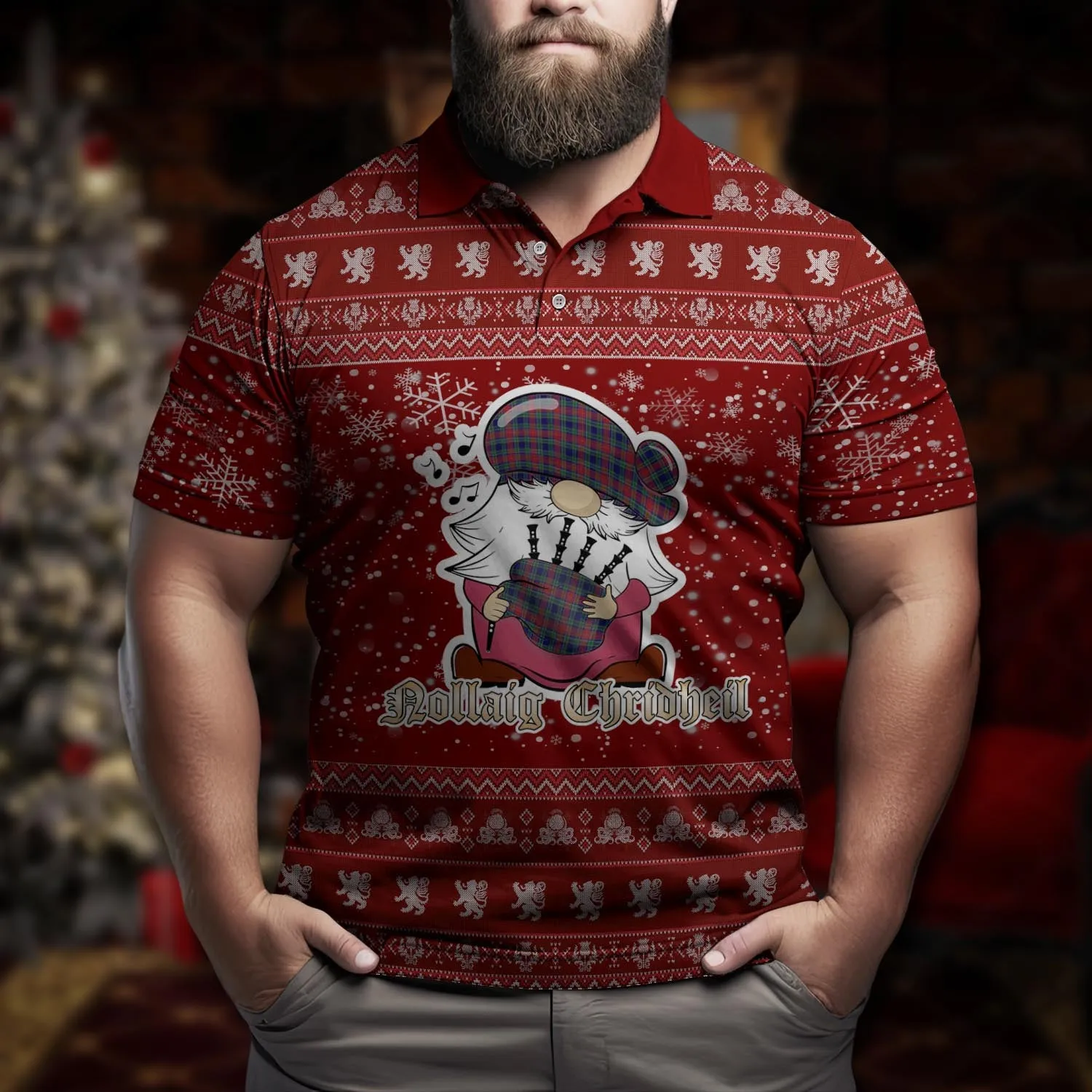 Allison Red Clan Christmas Family Polo Shirt with Funny Gnome Playing Bagpipes