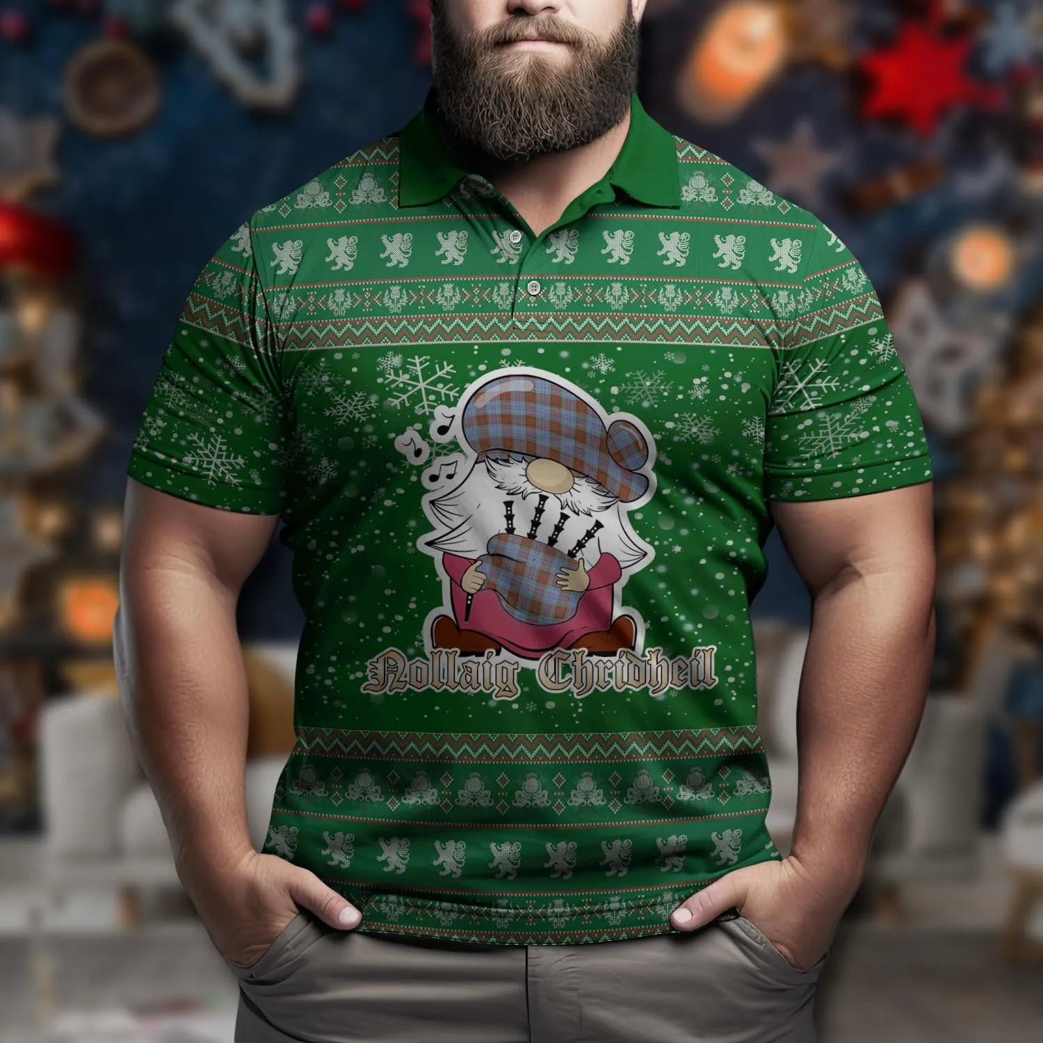 Anderson Modern Clan Christmas Family Polo Shirt with Funny Gnome Playing Bagpipes