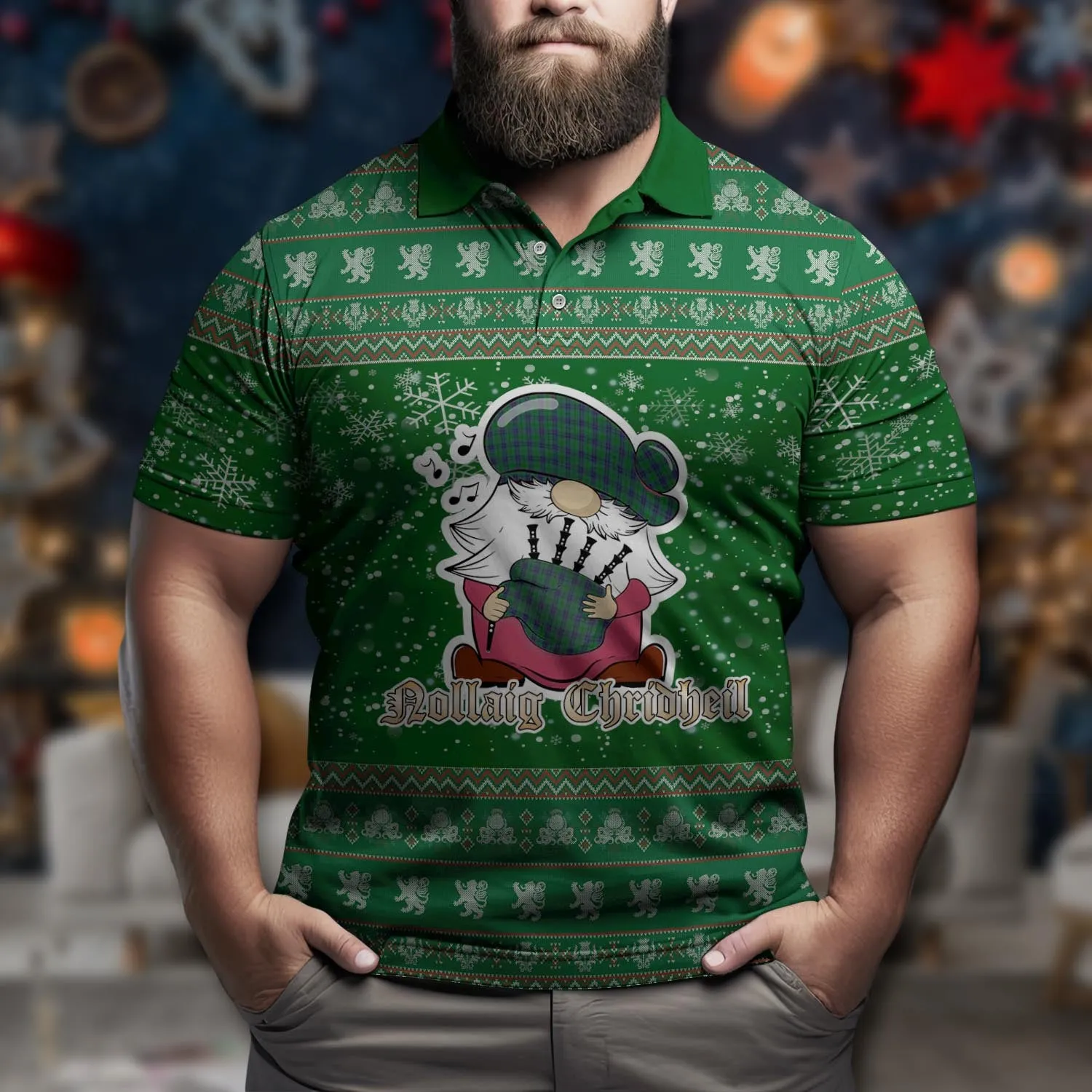 Austin Clan Christmas Family Polo Shirt with Funny Gnome Playing Bagpipes