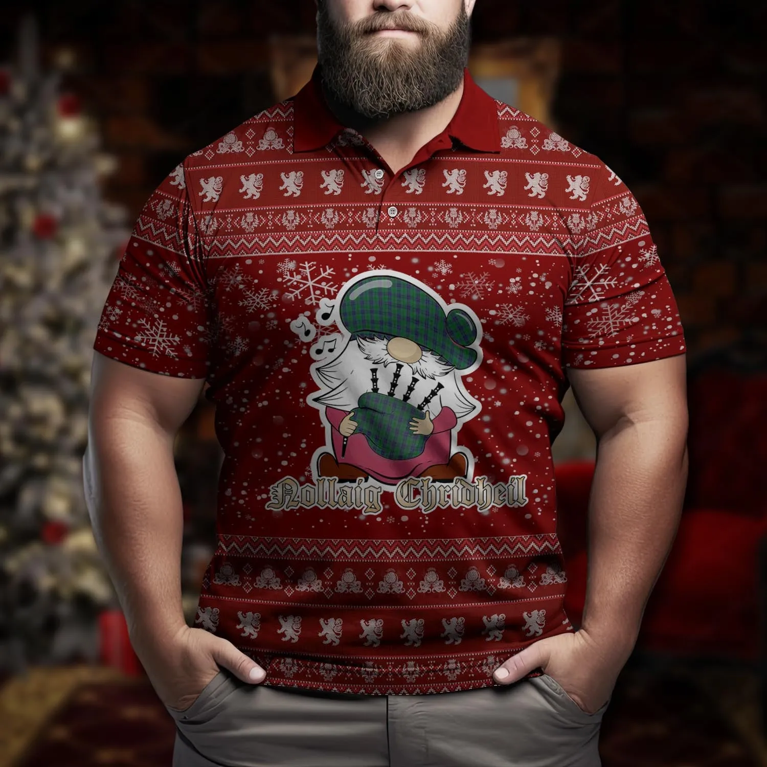 Austin Clan Christmas Family Polo Shirt with Funny Gnome Playing Bagpipes