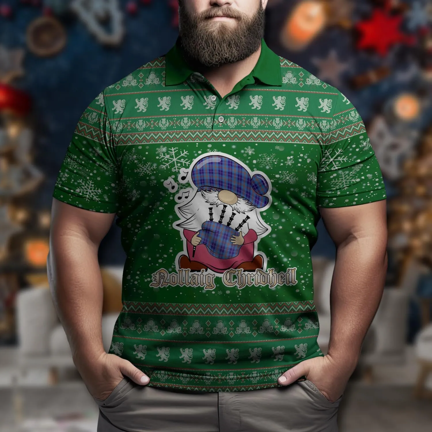 Bryson Clan Christmas Family Polo Shirt with Funny Gnome Playing Bagpipes