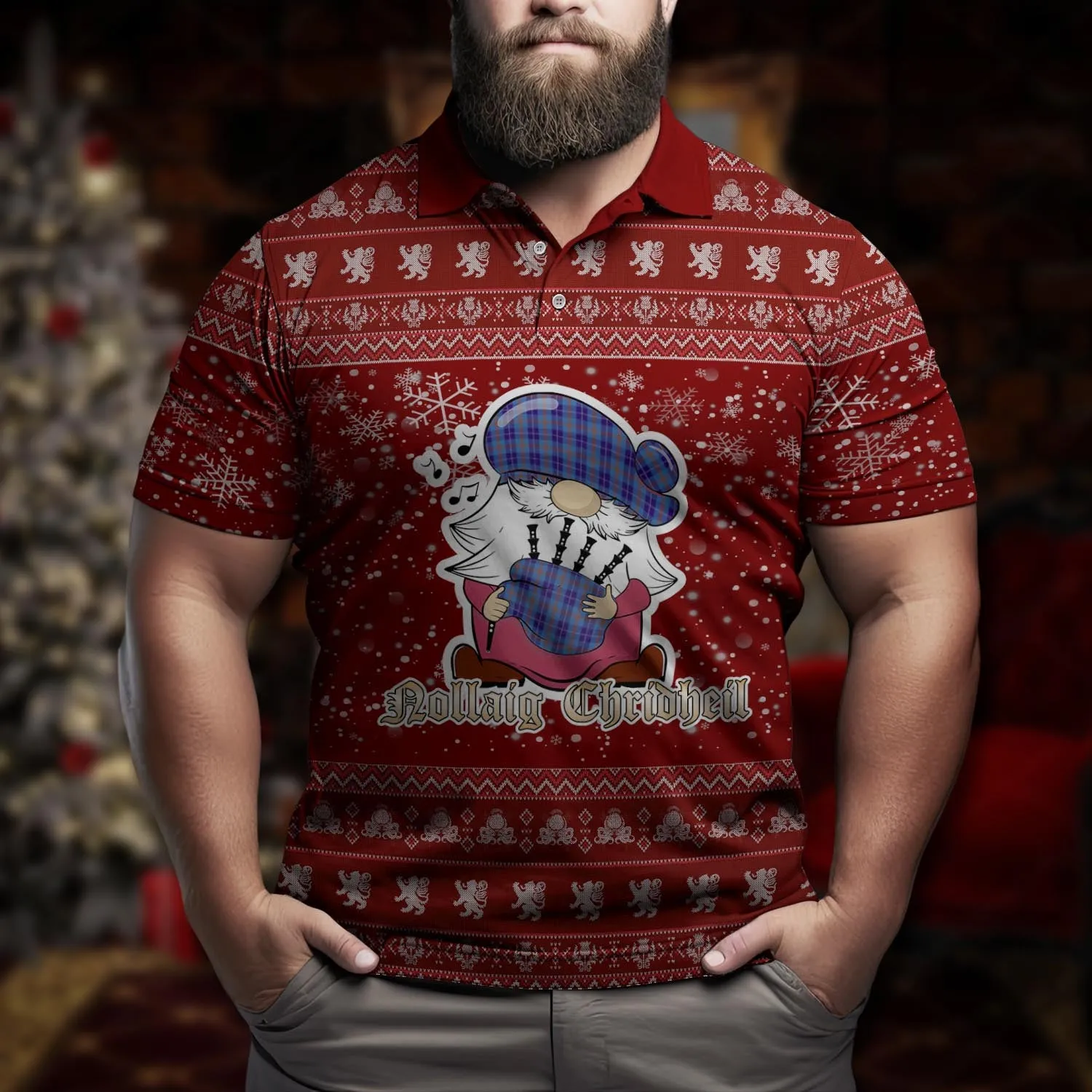 Bryson Clan Christmas Family Polo Shirt with Funny Gnome Playing Bagpipes