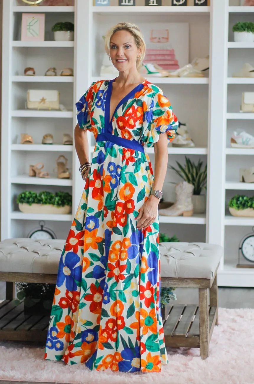 Cream Long Dress with Royal Blue & Orange Bold Flowers