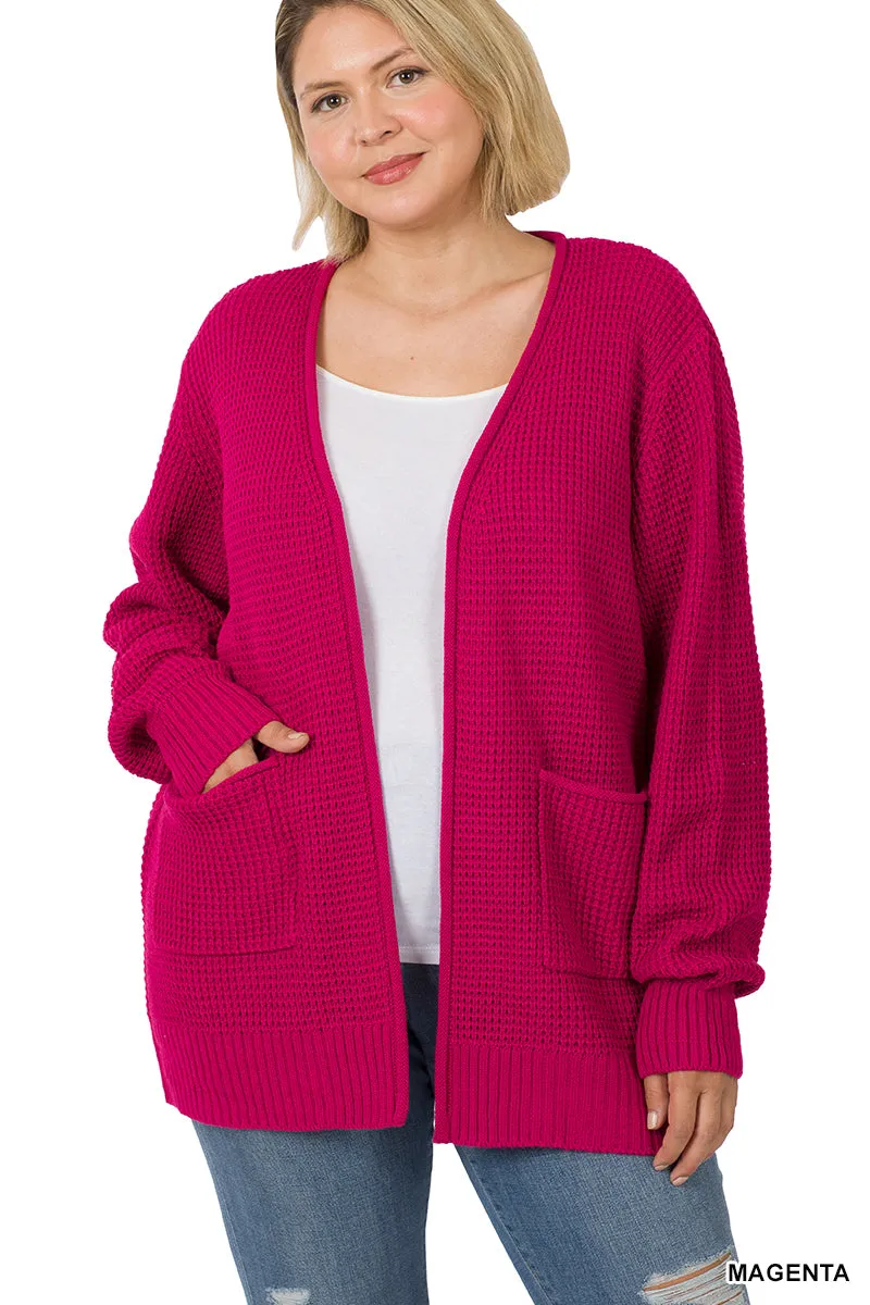 CURVY LOW GAUGE WAFFLE OPEN CARDIGAN SWEATER