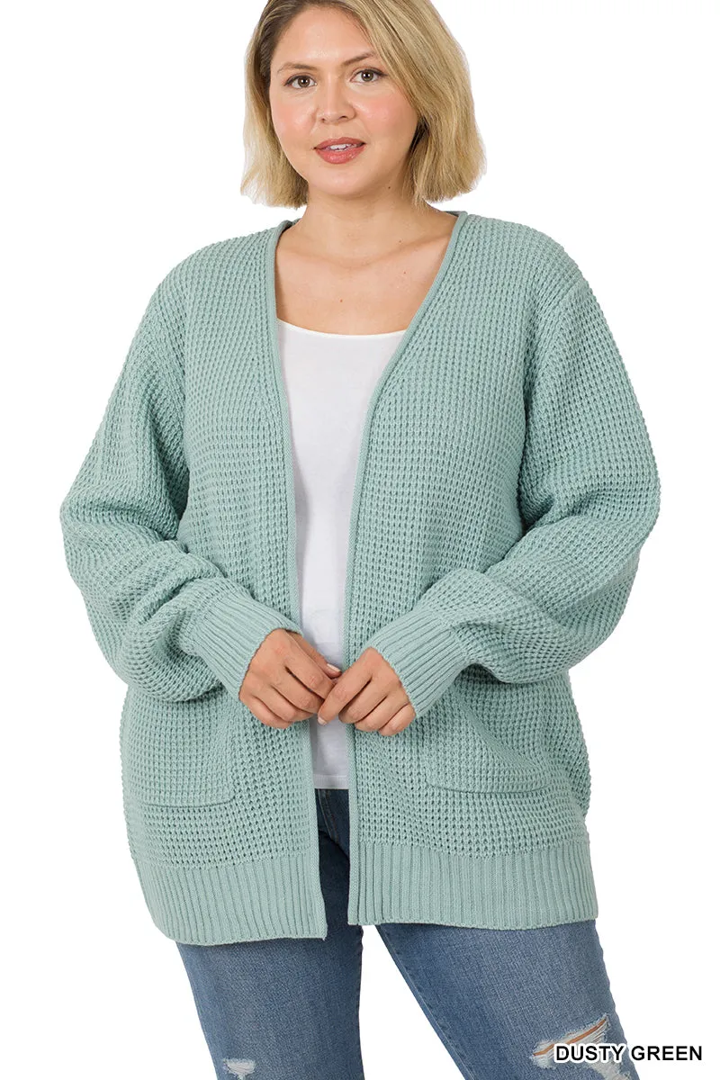 CURVY LOW GAUGE WAFFLE OPEN CARDIGAN SWEATER