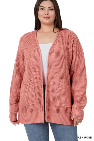 CURVY LOW GAUGE WAFFLE OPEN CARDIGAN SWEATER