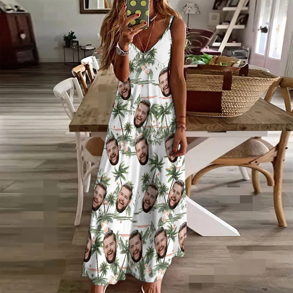 Custom Face Hawaiian Style Coconut Tree Long Dress And Shirt Couple Outfit