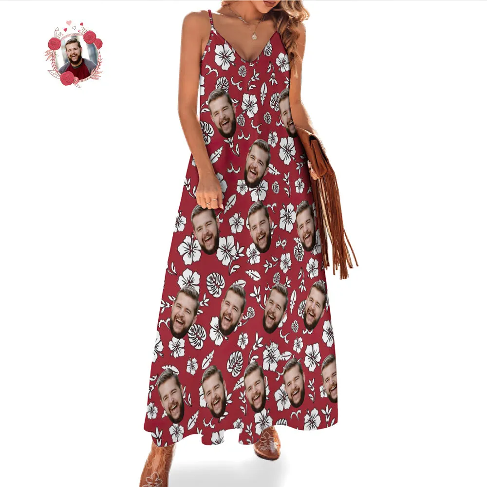 Custom Face Hawaiian Style Red Long Dress And Shirt Couple Outfit White Flowers Design