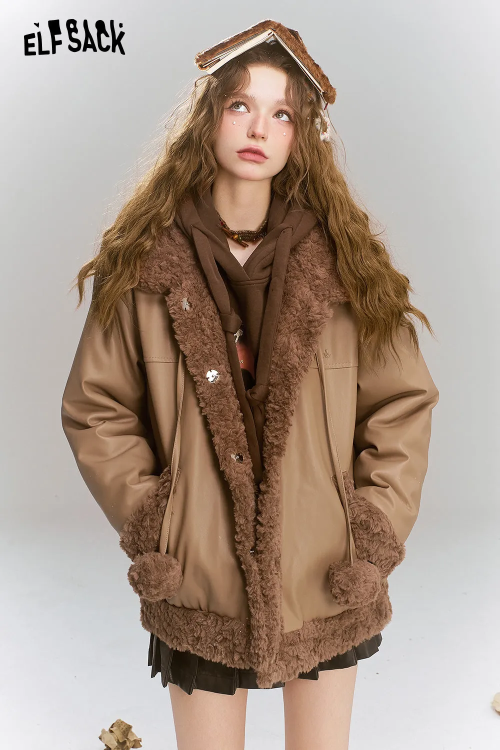 ELFSACK 2024 Winter New Arrivals Retro coffee with plush ball decoration PU plush stitching thick warm coat for women