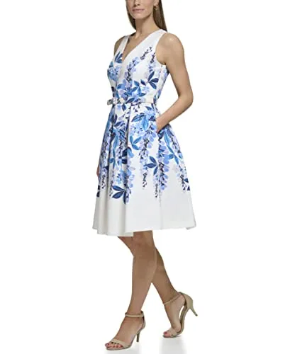 Eliza J Women's Fit and Flare Style Woven Faille Sleeveless Vneck Floral Dress, Blue