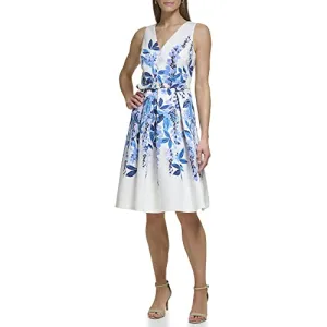 Eliza J Women's Fit and Flare Style Woven Faille Sleeveless Vneck Floral Dress, Blue