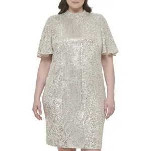 Eliza J Women's Plus Style Sequin Sheath Flutter Sleeve Mock Neck Dress, Silver