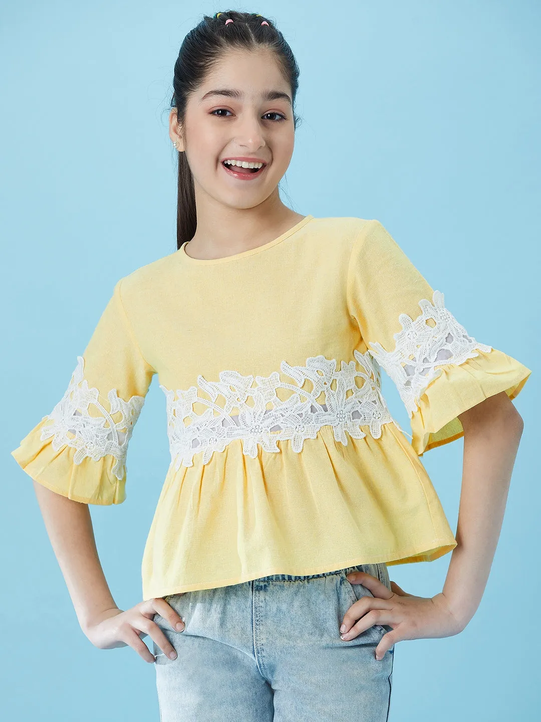 Girls Lace Insert Cotton Peplum Top - Ps Peaches