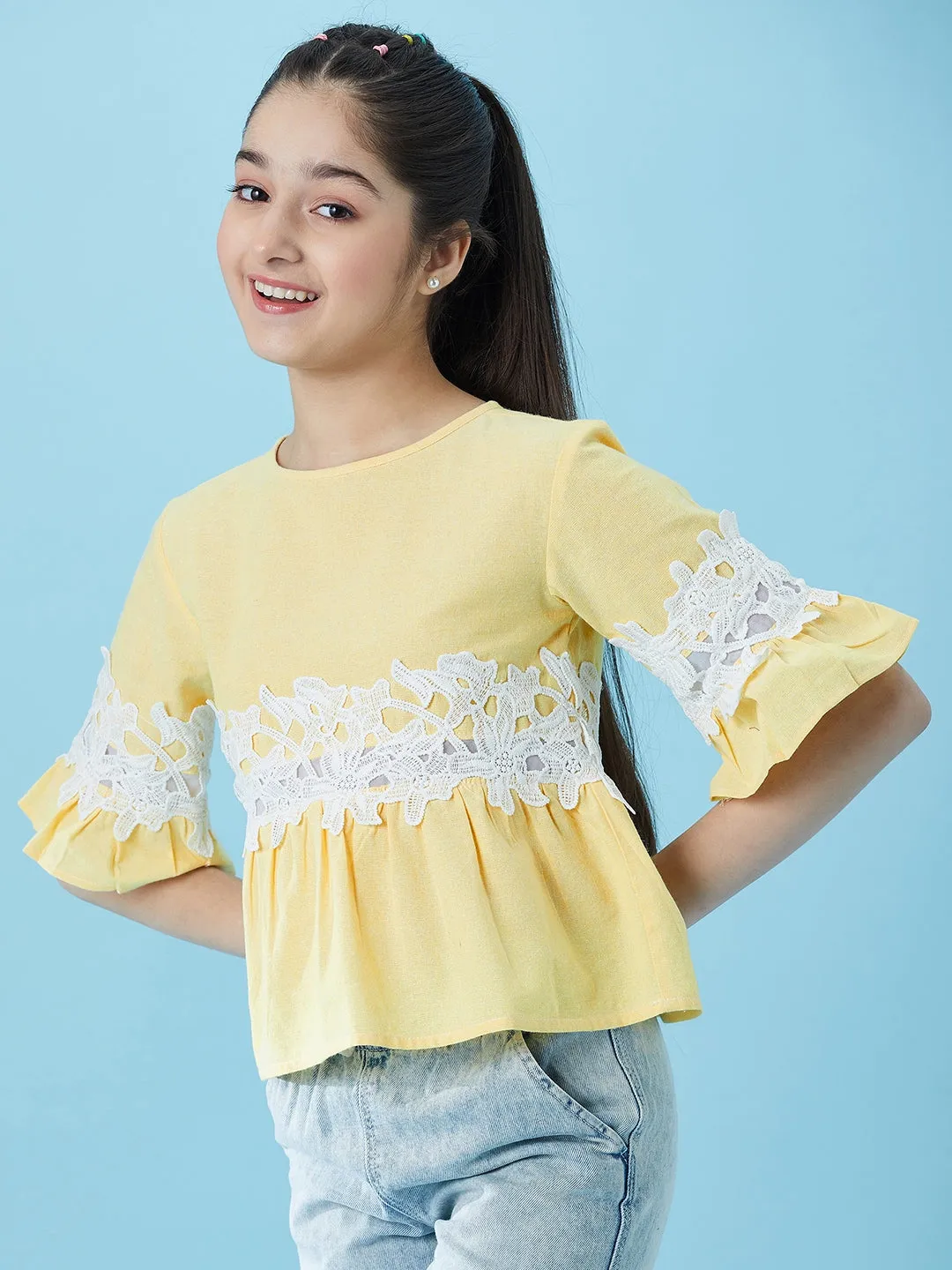 Girls Lace Insert Cotton Peplum Top - Ps Peaches