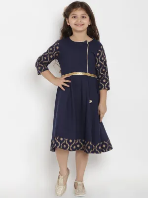 Girl's Navy Blue Solid A-Line Dress  - NOZ2TOZ KIDS