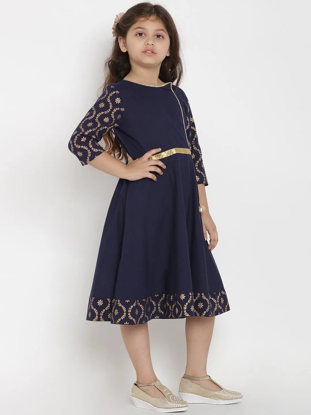 Girl's Navy Blue Solid A-Line Dress  - NOZ2TOZ KIDS