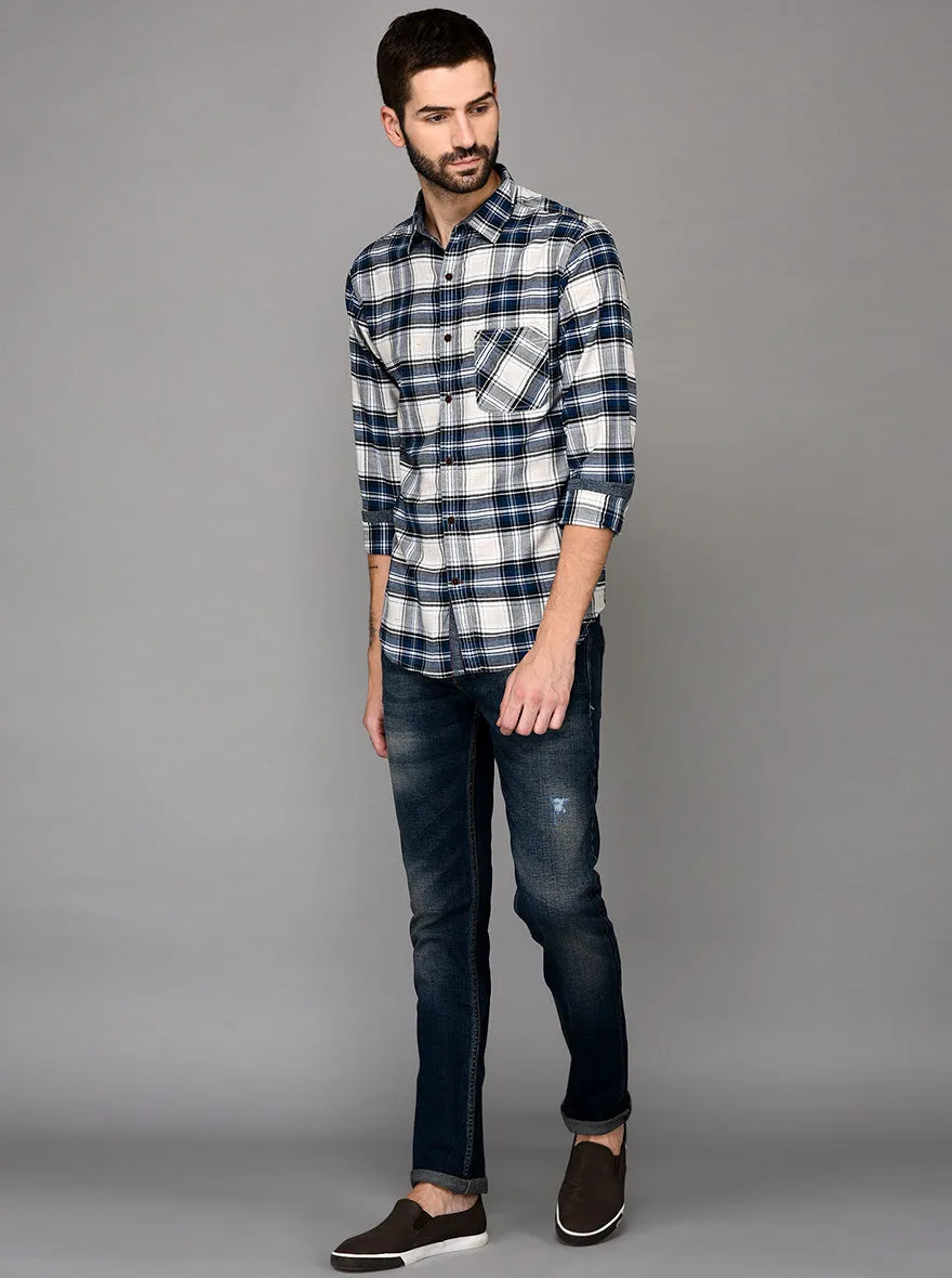 Greenfibre Navy Blue & White Checked Slim Fit Casual Shirt