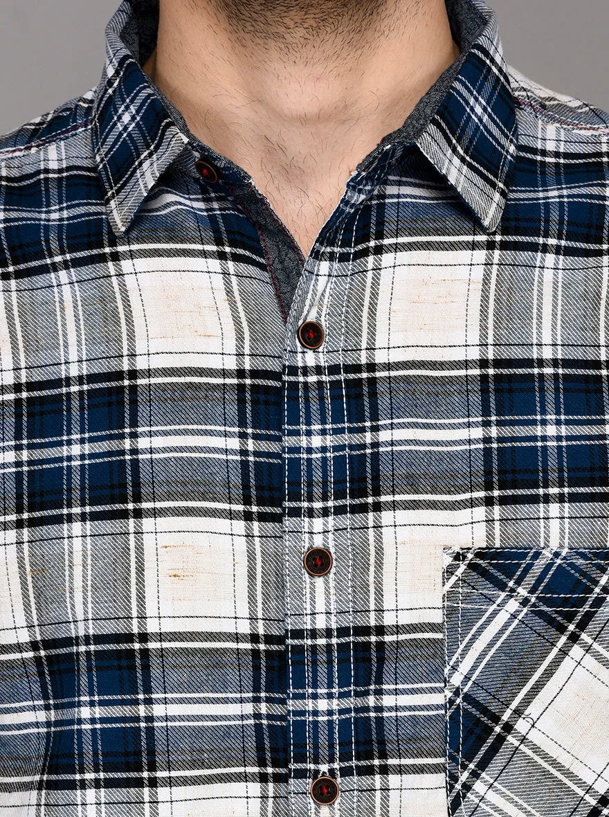 Greenfibre Navy Blue & White Checked Slim Fit Casual Shirt