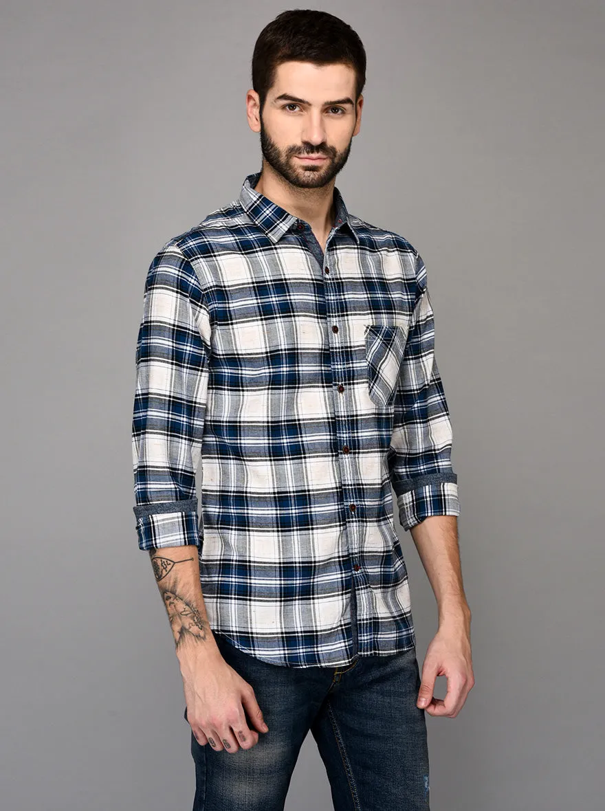 Greenfibre Navy Blue & White Checked Slim Fit Casual Shirt