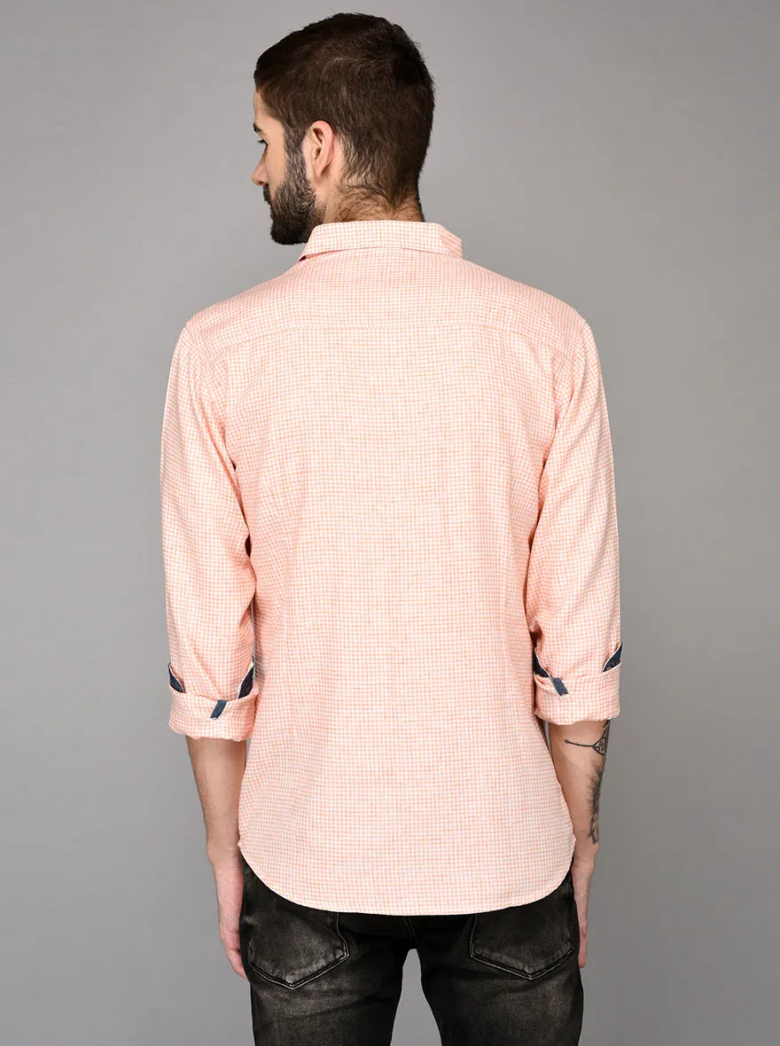 Greenfibre Peach Pink Checked Slim Fit Casual Shirt