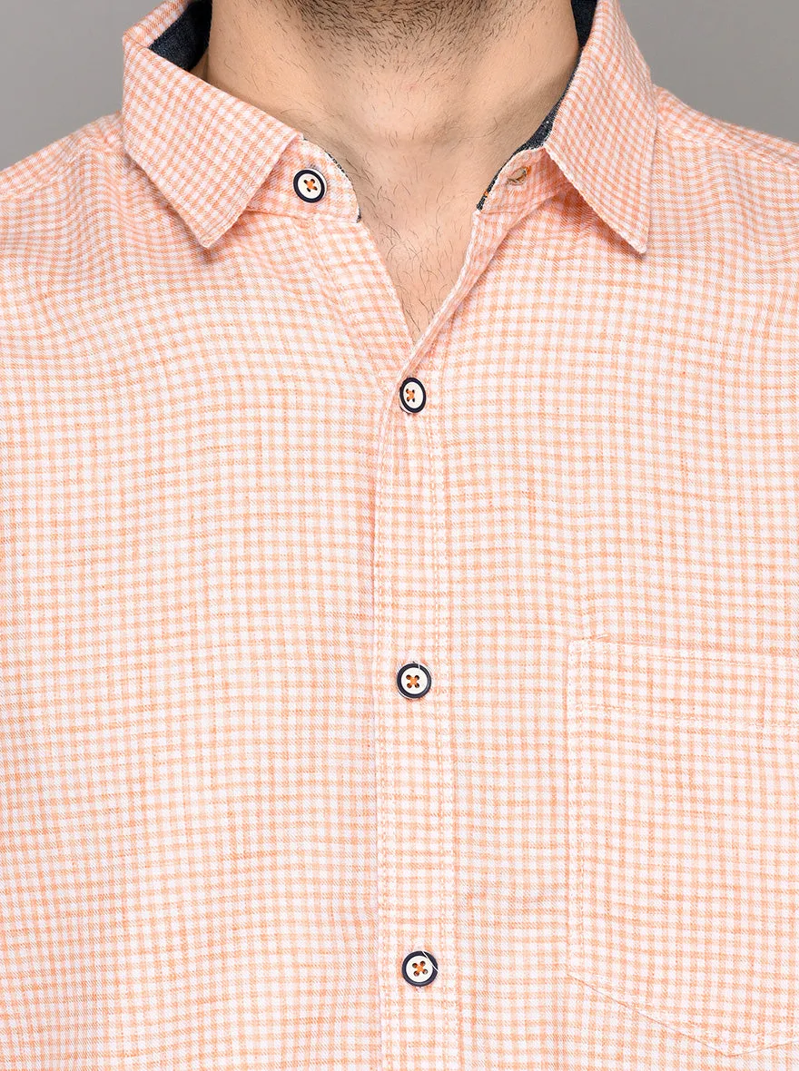 Greenfibre Peach Pink Checked Slim Fit Casual Shirt