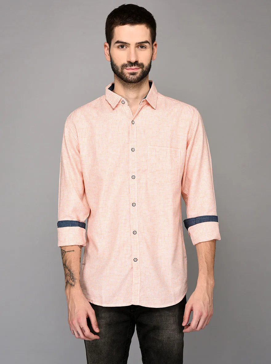 Greenfibre Peach Pink Checked Slim Fit Casual Shirt