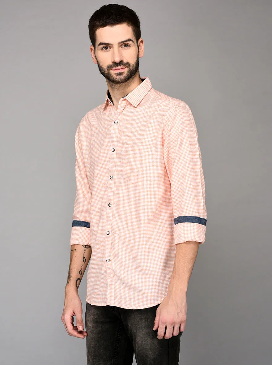 Greenfibre Peach Pink Checked Slim Fit Casual Shirt