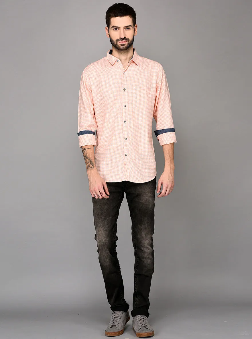 Greenfibre Peach Pink Checked Slim Fit Casual Shirt