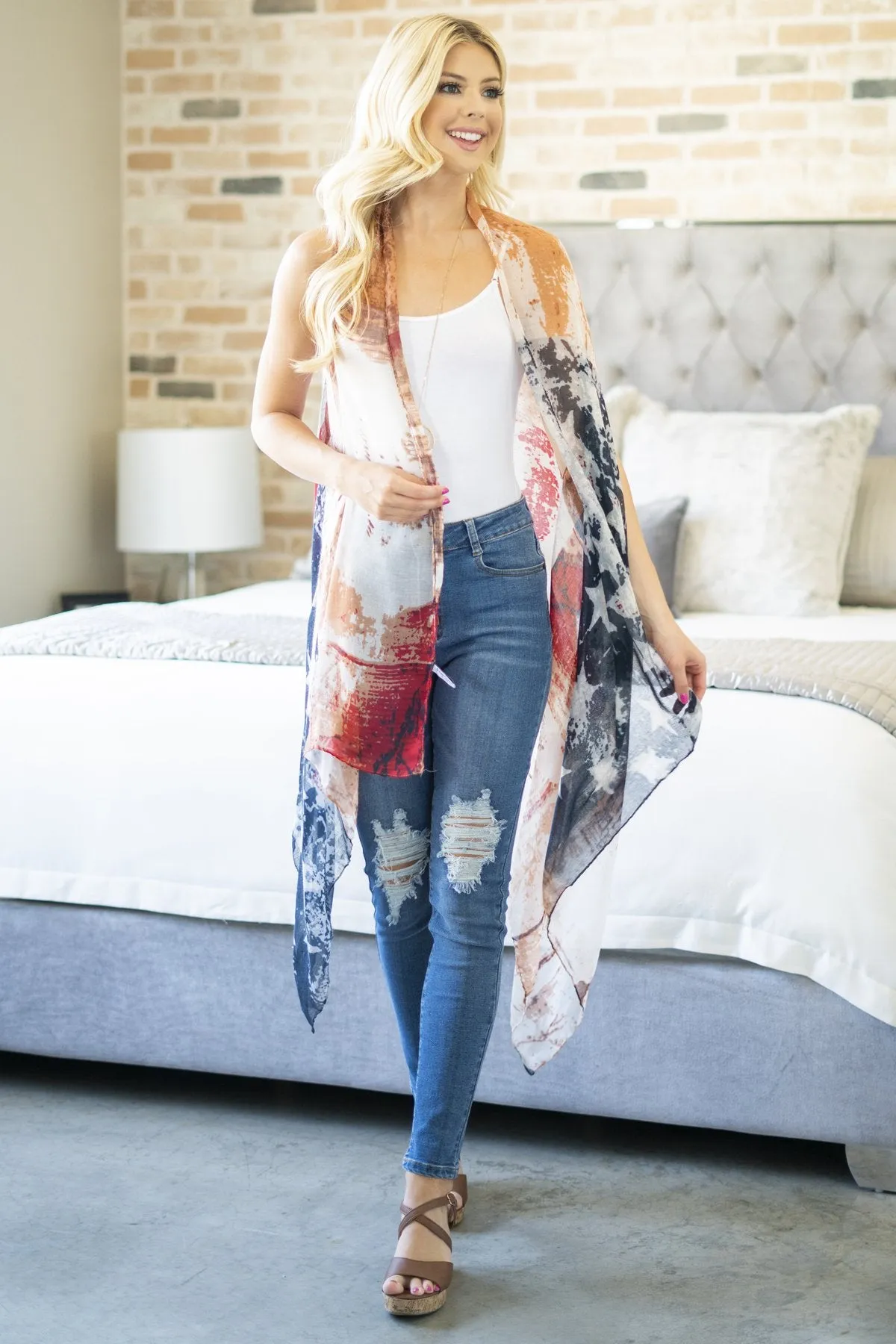 Hdf2839 - Faded Usa Accent Open Front Kimono Vest