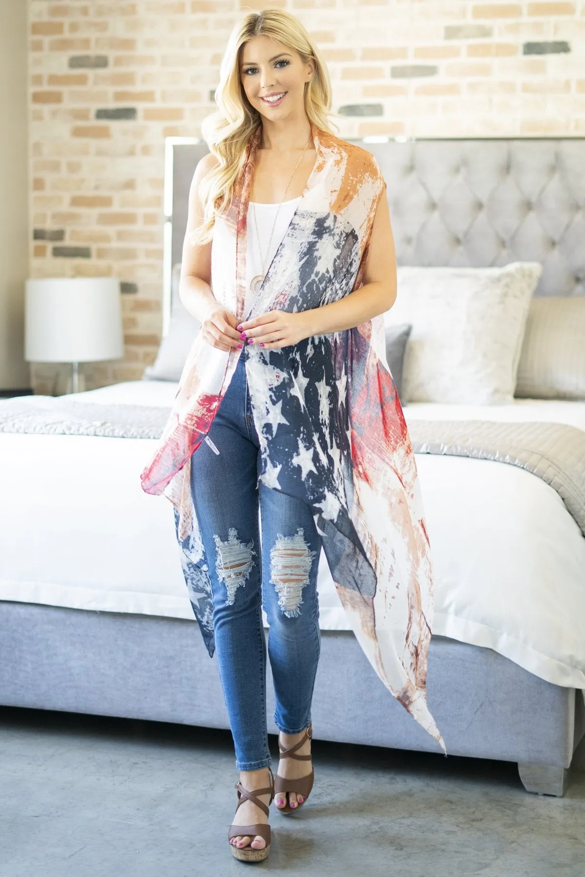 Hdf2839 - Faded Usa Accent Open Front Kimono Vest