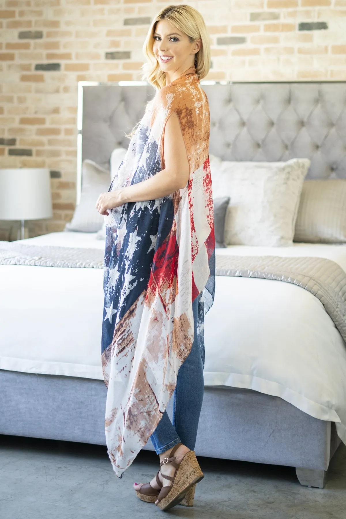 Hdf2839 - Faded Usa Accent Open Front Kimono Vest