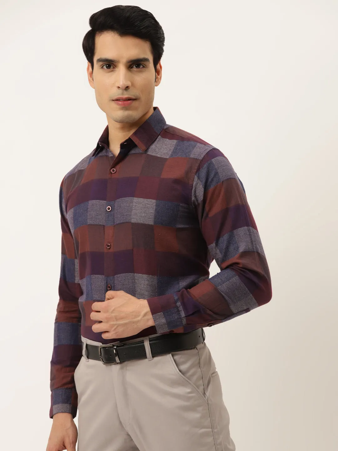 Jashvi Brown Men's Formal Cotton Checked Shirt