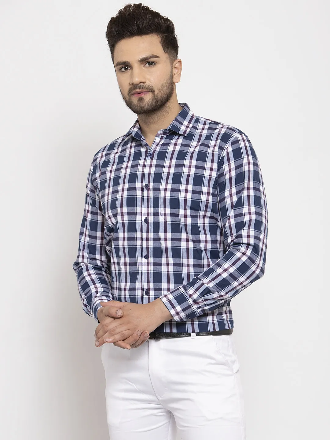 Jashvi Navy Men's Cotton Checked Formal Shirt's