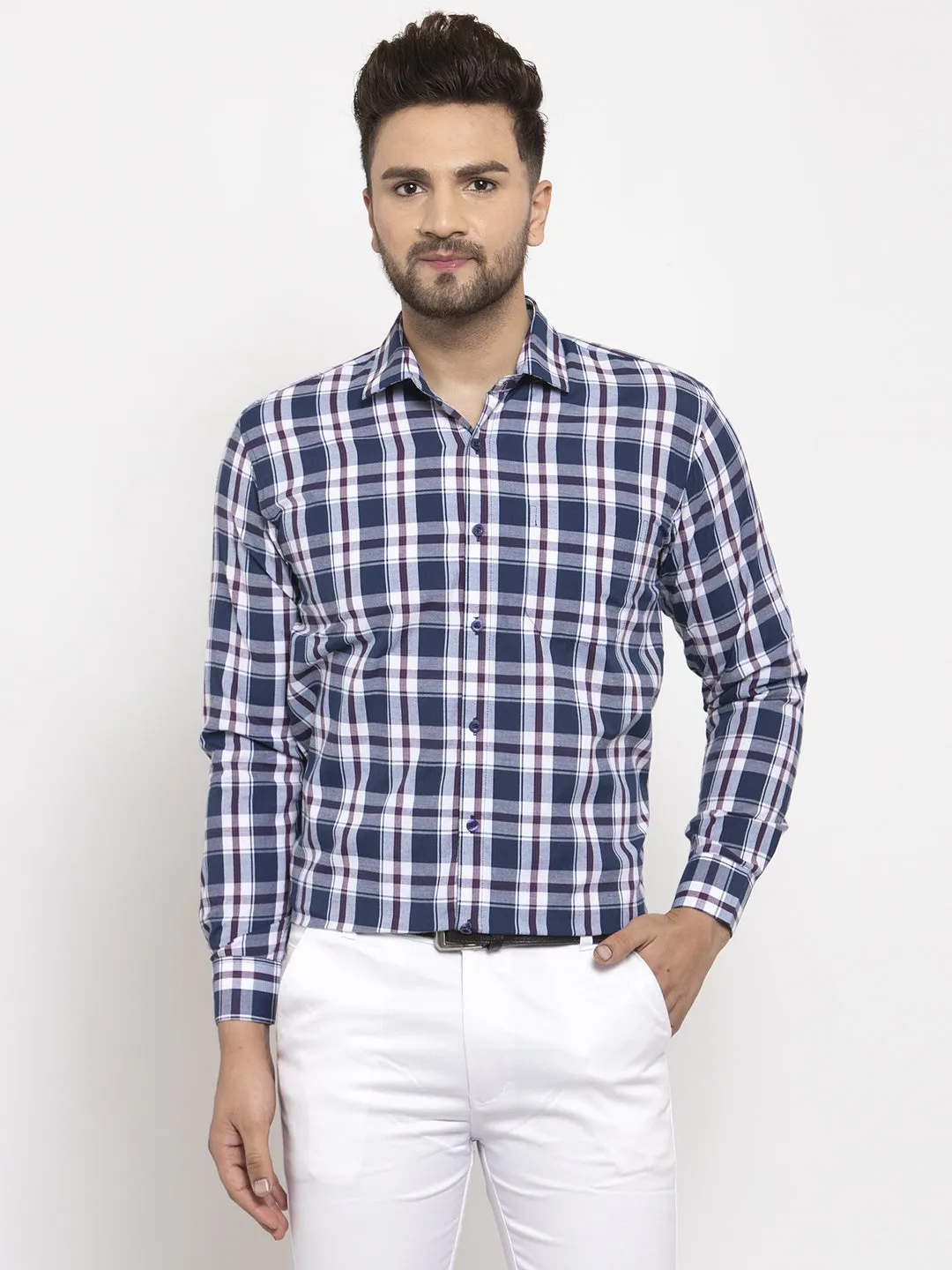 Jashvi Navy Men's Cotton Checked Formal Shirt's