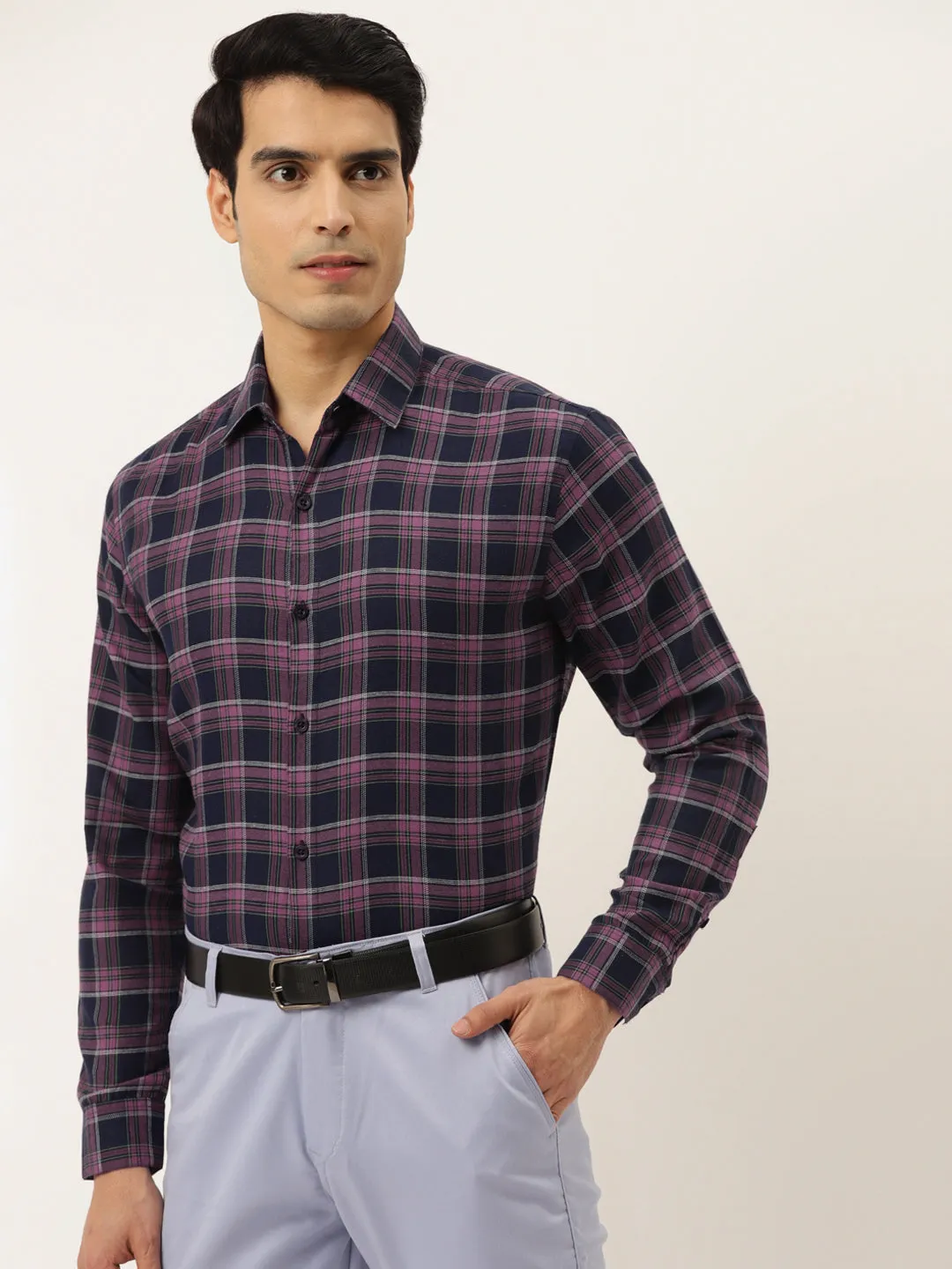 Jashvi Pink Men's Formal Cotton Checked Shirt