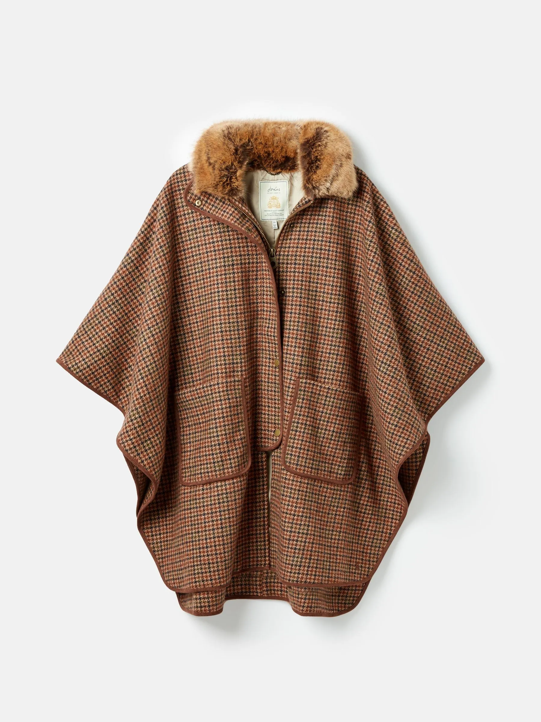 Joules Sandringham Luxe Tweed Cape with Removable Fur Trim