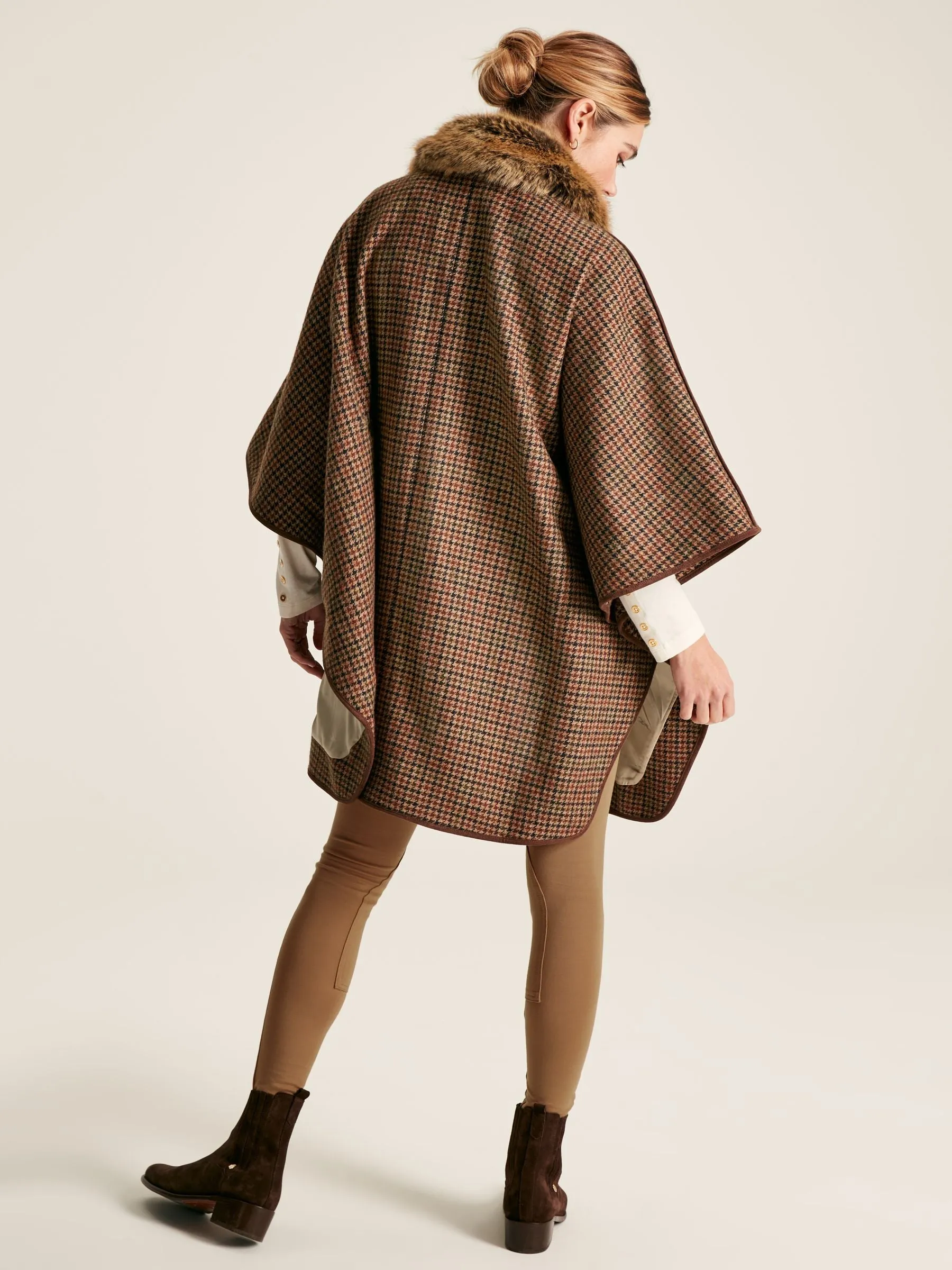 Joules Sandringham Luxe Tweed Cape with Removable Fur Trim