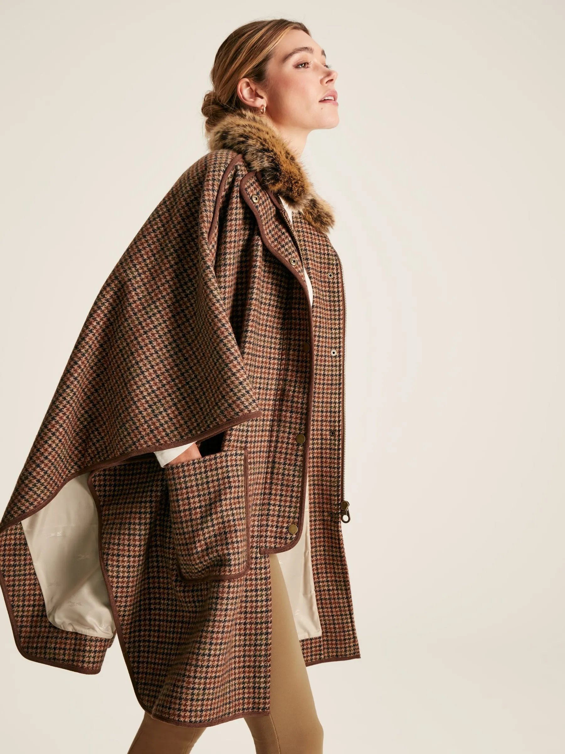 Joules Sandringham Luxe Tweed Cape with Removable Fur Trim