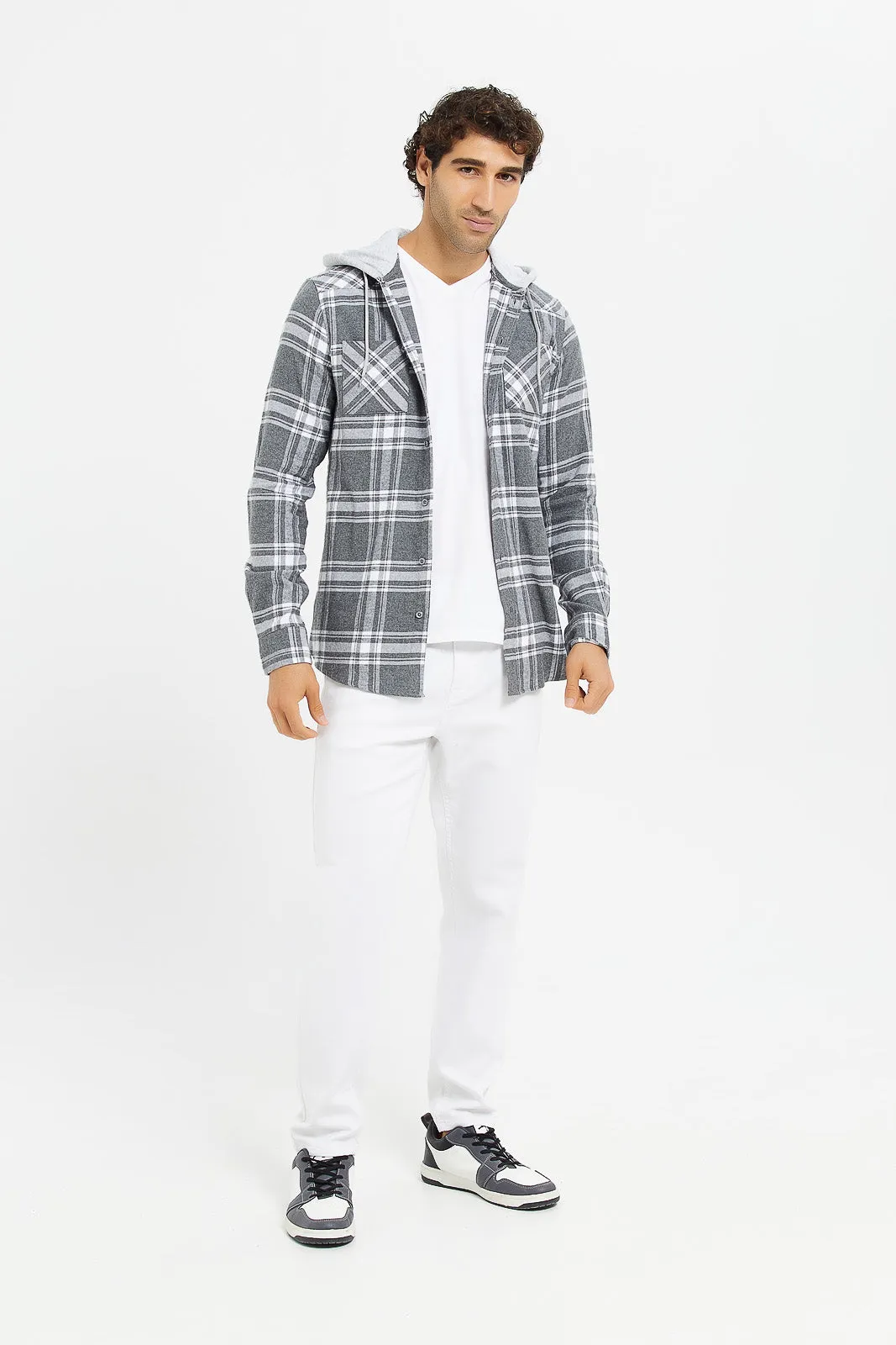 Men White And Grey Check Flannel Shirt With Hoody