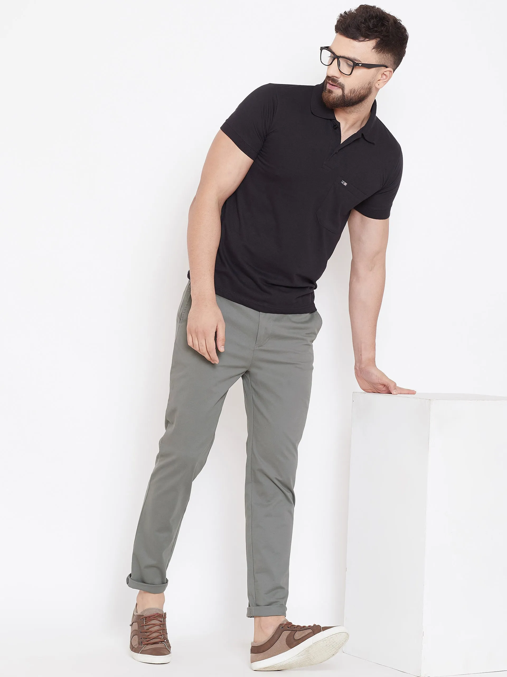 Men's Charcoal Stretch Washed Casual Tailored Fit Chinos