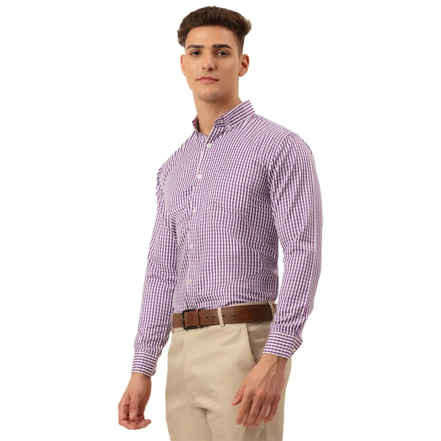 Men's Cotton Checked Button Down Collar Formal Shirts ( SF 810Purple ) - Jainish