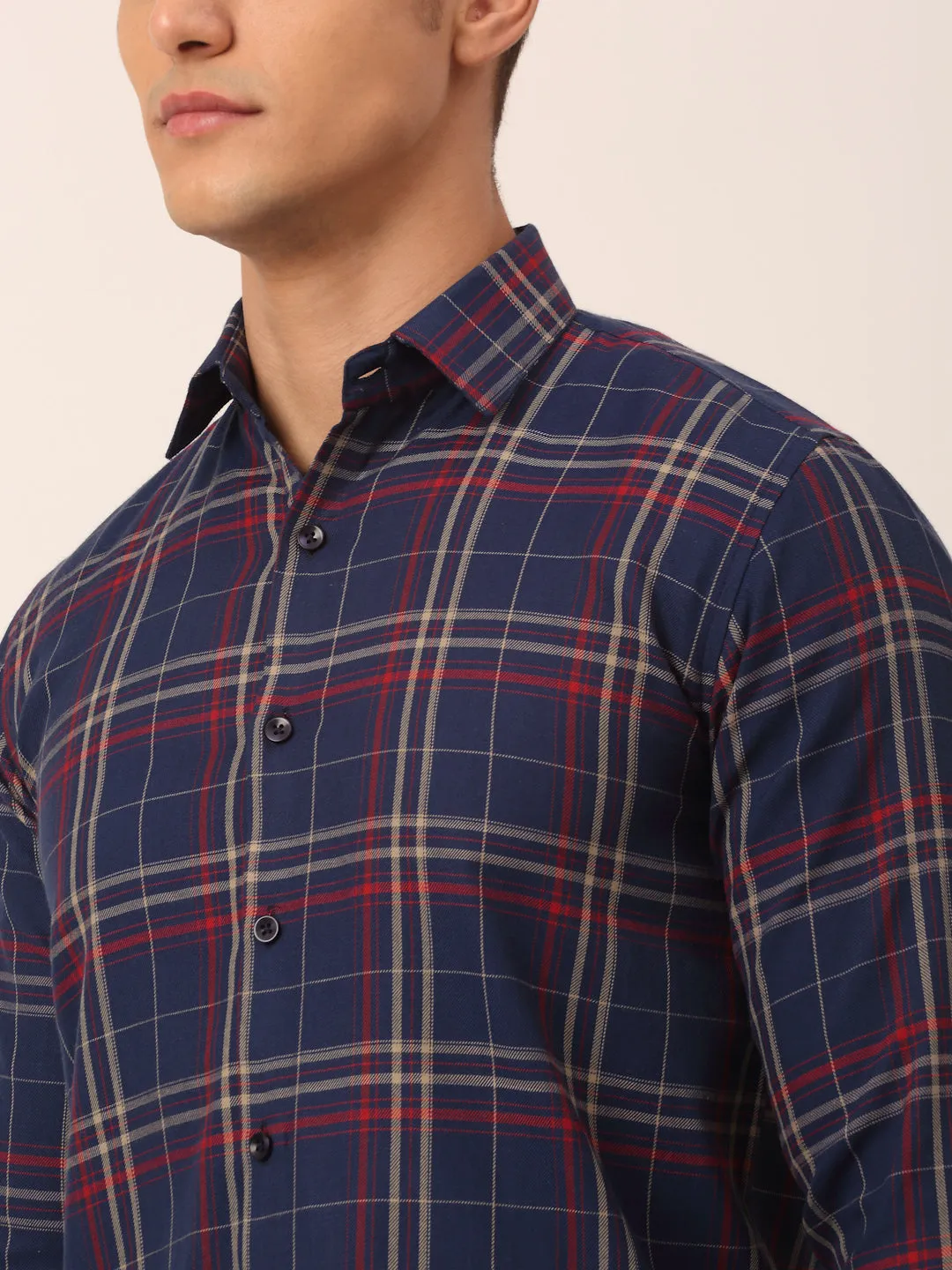 Men's Cotton Checked Formal Shirts ( SF 819Navy ) - Jainish