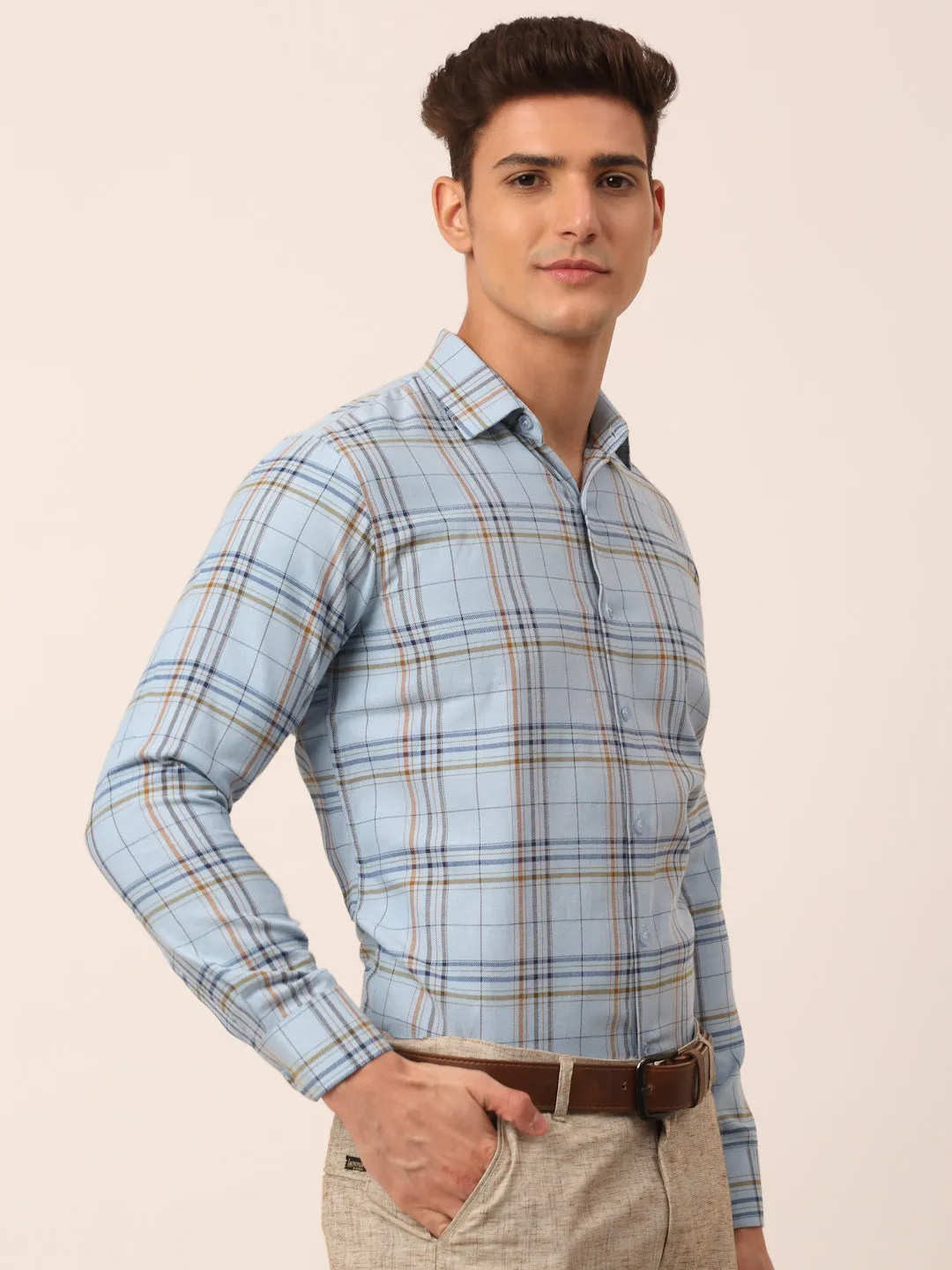 Men's Cotton Checked Formal Shirts ( SF 819Sky ) - Jainish