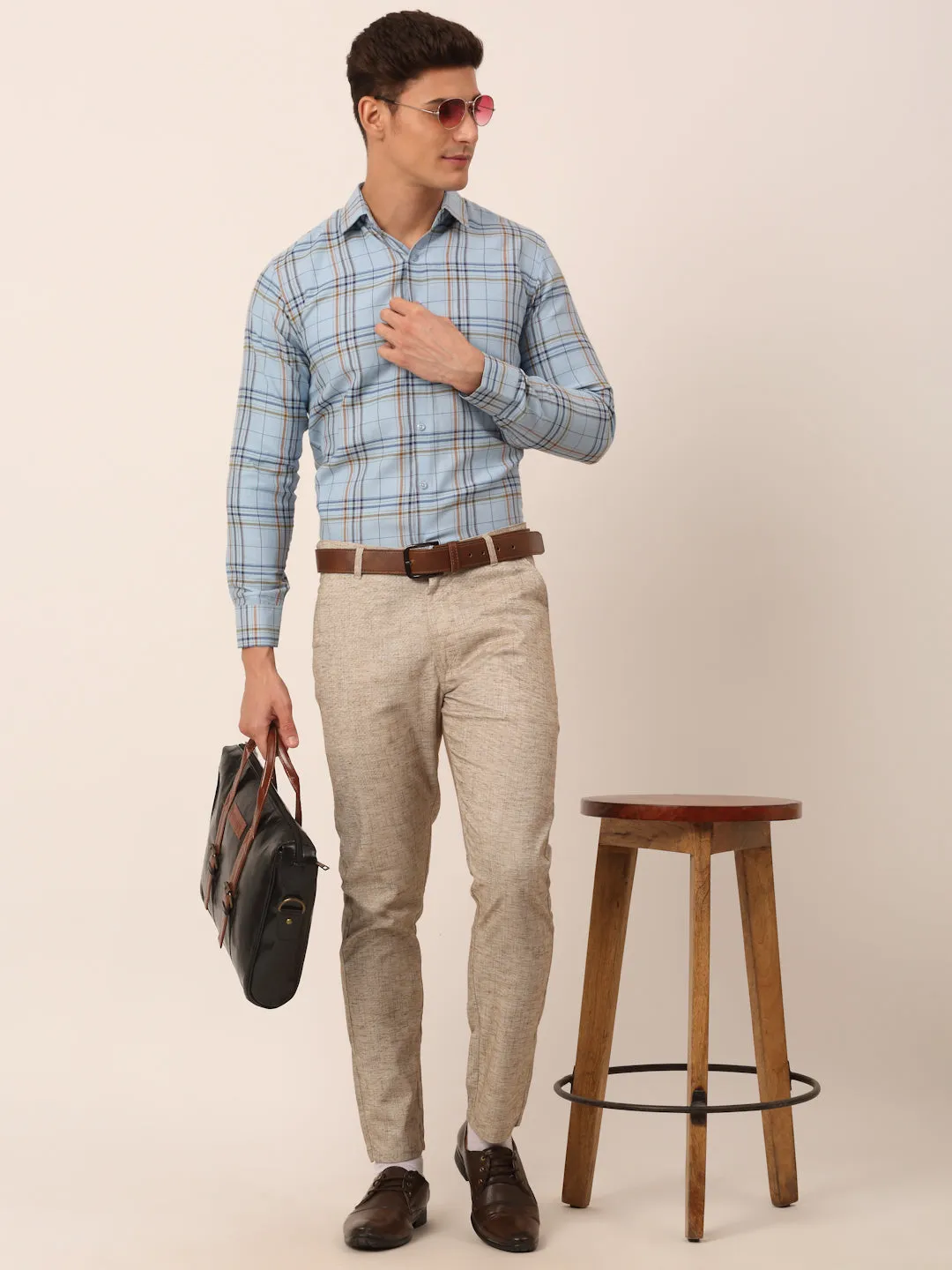 Men's Cotton Checked Formal Shirts ( SF 819Sky ) - Jainish