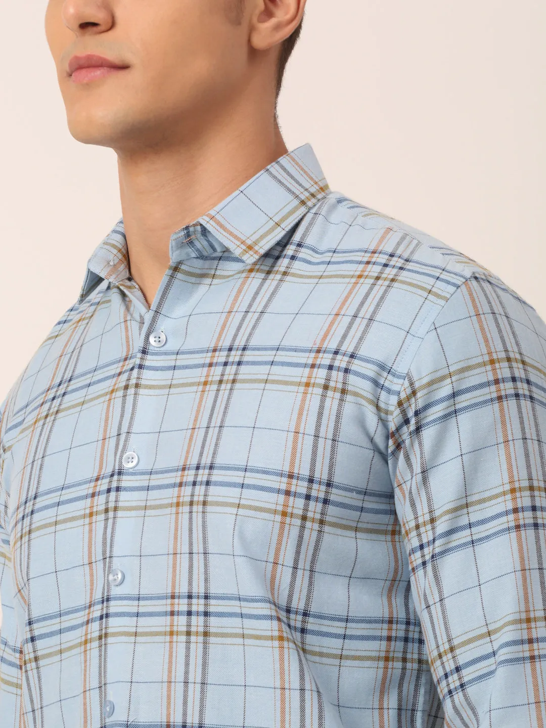 Men's Cotton Checked Formal Shirts ( SF 819Sky ) - Jainish