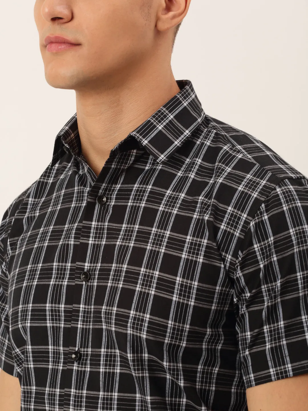 Men's Cotton Checked Half Sleeve Formal Shirts ( SF 808Black ) - Jainish