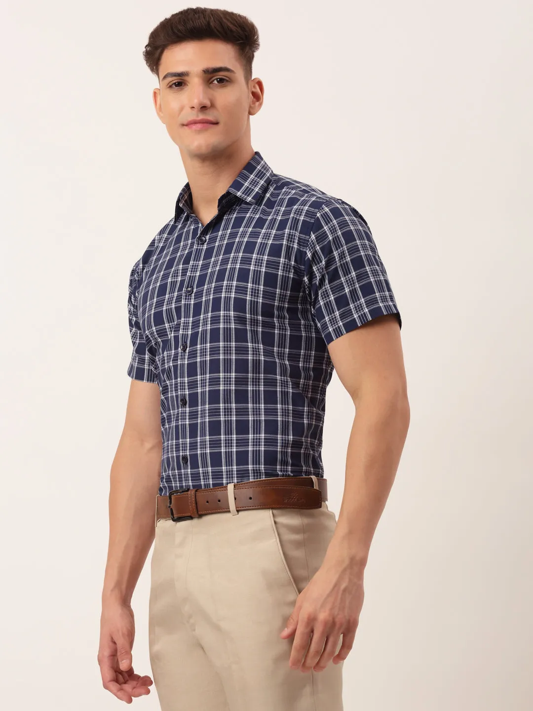 Men's Cotton Checked Half Sleeve Formal Shirts ( SF 808Blue ) - Jainish